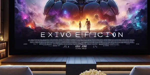 A cozy modern home theater with a large screen, plush seating, and ambient lighting, showcasing a sci-fi movie poster.