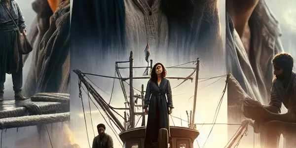 A woman on a fishing boat gazes at turbulent seas, surrounded by three contrasting male figures.