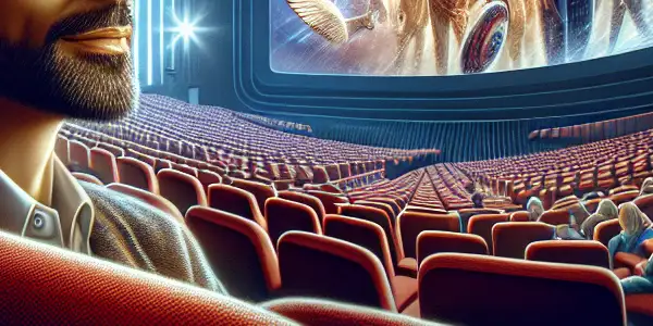 A lively cinema hall filled with diverse audience members enjoying a vibrant 3D movie experience.