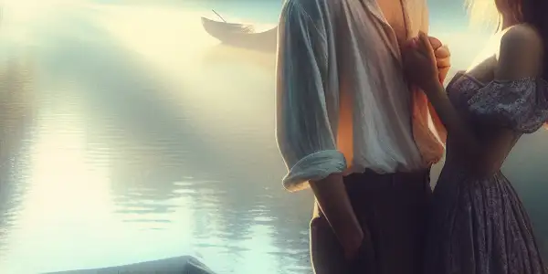 A young couple shares a tender moment by a serene lakeside at sunrise, surrounded by lush greenery.