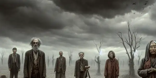 Emaciated villagers in a desolate landscape during the 1942 Henan famine, observed by a foreign journalist.