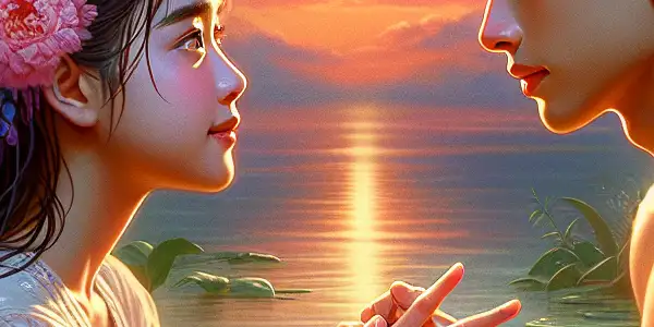 A young deaf girl and a swimmer share a heartfelt conversation by a tranquil lakeside at sunset.
