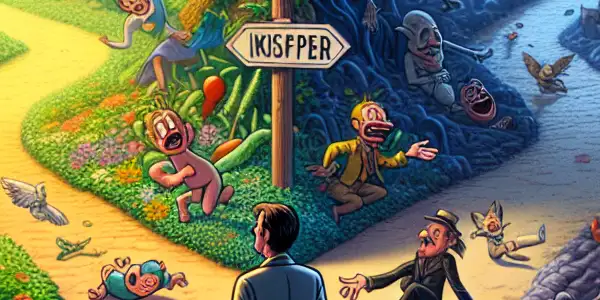 A middle-aged man stands at a crossroads between a bright paradise and a dark, chaotic underworld.