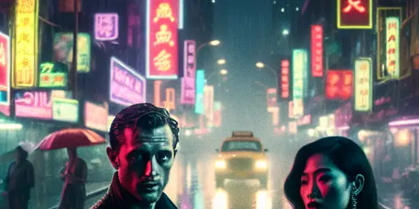 A man and woman contemplate their desires and morals in a vibrant, gritty urban red-light district at night.