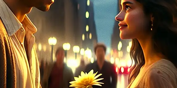 A romantic first meeting between two protagonists in a bustling city at dusk, surrounded by vibrant urban life.